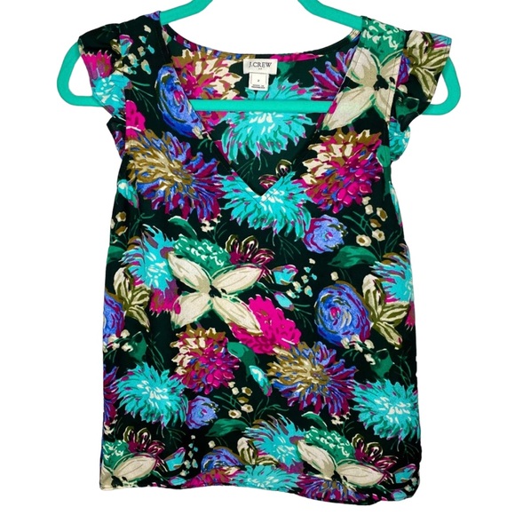 Vintage J. Crew Black Floral Print V-Neck Flutter Sleeve Tank Top Blouse - Picture 4 of 9